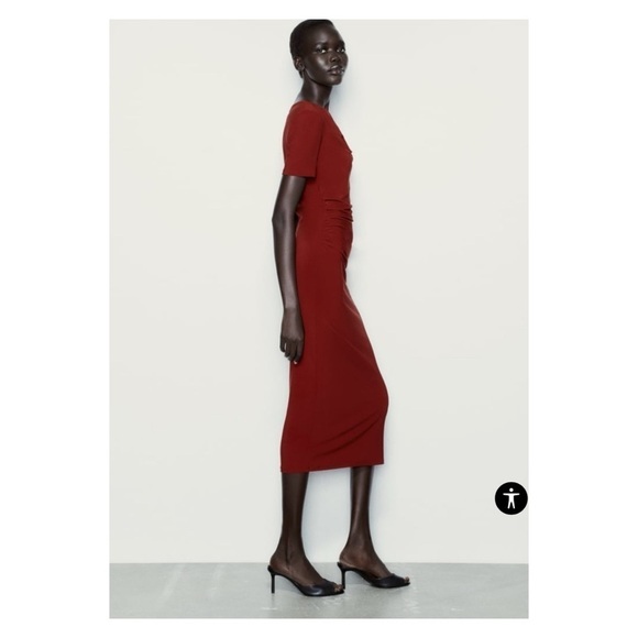 ZARA Burnt Orange Short Sleeve Ruched Bodycon Midi Cocktail Dress Small NWT - Picture 4 of 9